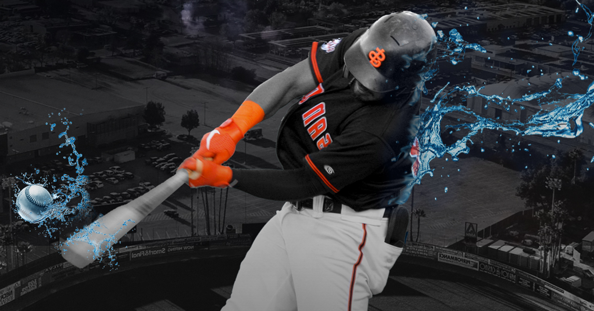 一名旧金山巨人队的球员用带有水花效果的球棒打棒球.